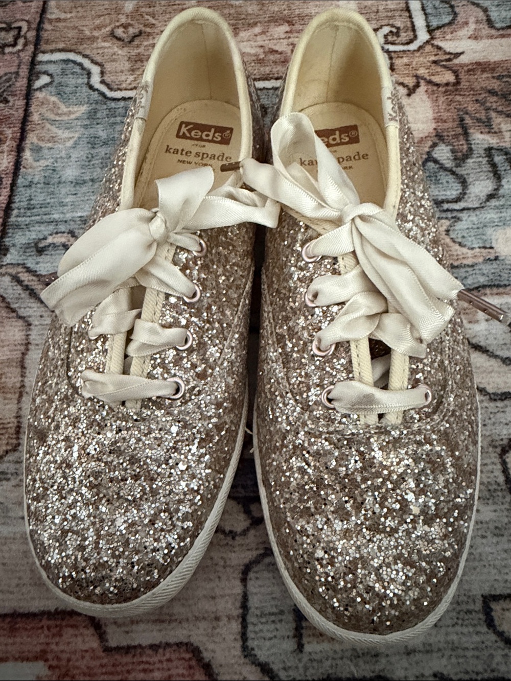 Keds x Kate Spade champagne glitter sneakers with satin ribbon lace 5.5 size
